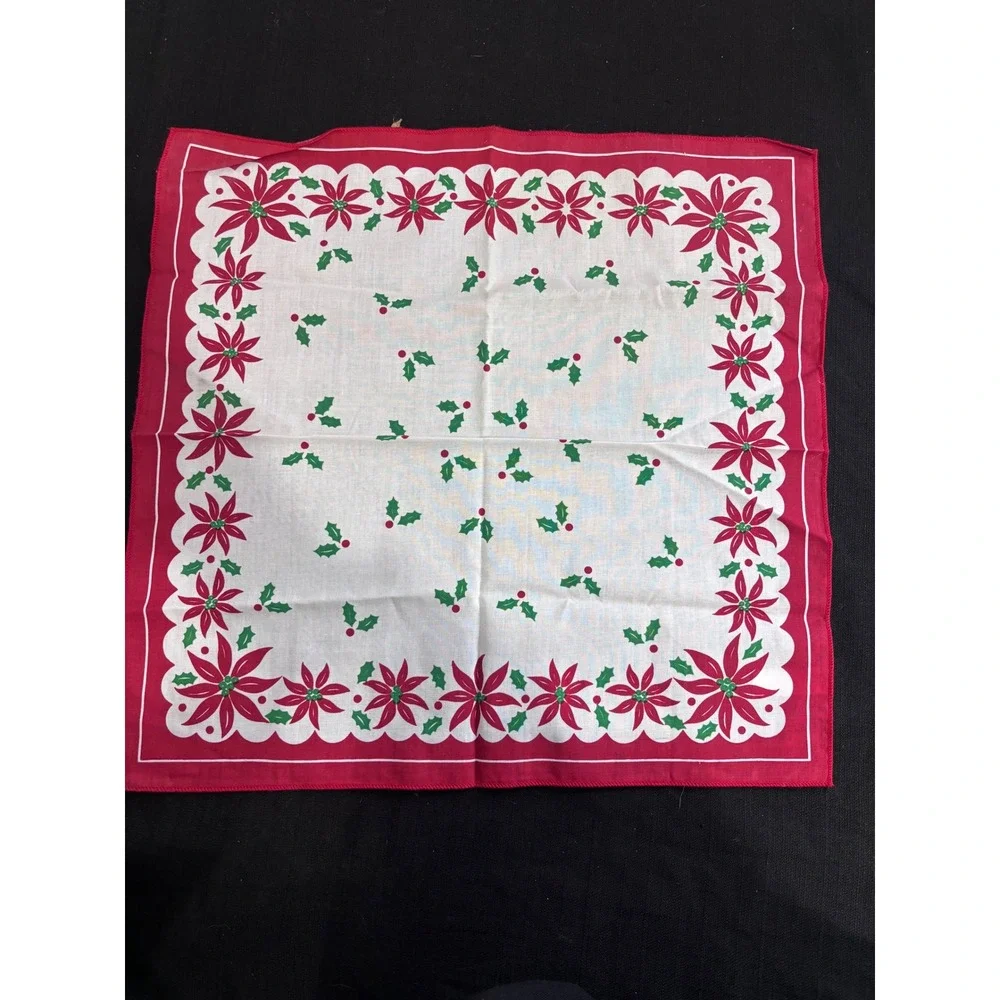 Vintage Christmas Poinsettia Holly Cotton Square Napkin Bandana Red White‎ 17x17